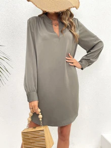 Notched Neckline Lantern Sleeve Tunic Dress - Army Green - View 1