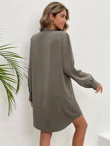 Notched Neckline Lantern Sleeve Tunic Dress - Army Green - View 2