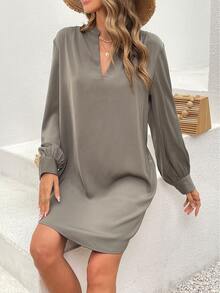 Notched Neckline Lantern Sleeve Tunic Dress - Army Green - View 4