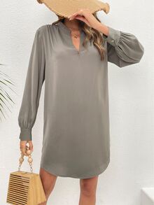 Notched Neckline Lantern Sleeve Tunic Dress - Army Green - View 5