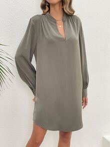 Notched Neckline Lantern Sleeve Tunic Dress - Army Green - View 6