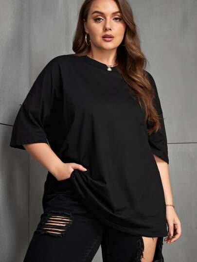 INAWLY Plusstorlek enfärgad rund halsringning nedsänkt axel avslappnad lös passform t-shirt, mångsidig för sommaren