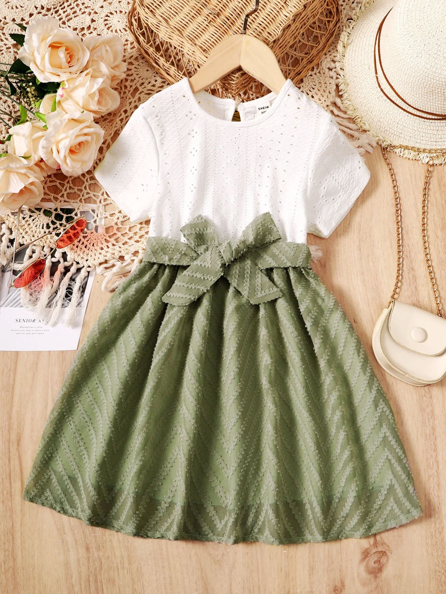 SHEIN Toddler Girls Eyelet Embroidery Keyhole Back Belted 2 In 1 Dress - Multicolor - View 1