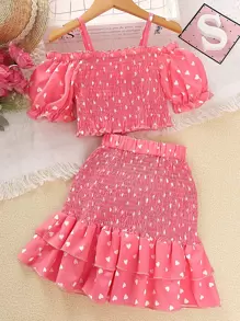 Sparklyn Top Con Estampado De Corazones, Hombros Descubiertos Y Mangas Fruncidas Con Falda De Volante Para Niñas De Transición - Rosa - Ver 1