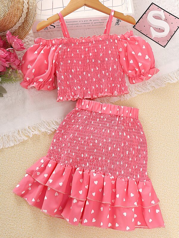 Sparklyn Tween Girl Heart Print Cold Shoulder Puff Sleeve Top & Ruffle Hem Skirt