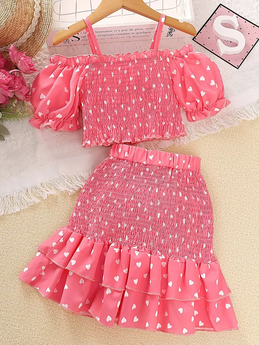 Sparklyn Top Con Estampado De Corazones, Hombros Descubiertos Y Mangas Fruncidas Con Falda De Volante Para Niñas De Transición - Rosa - Ver 1