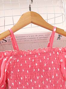 Sparklyn Top Con Estampado De Corazones, Hombros Descubiertos Y Mangas Fruncidas Con Falda De Volante Para Niñas De Transición - Rosa - Ver 3