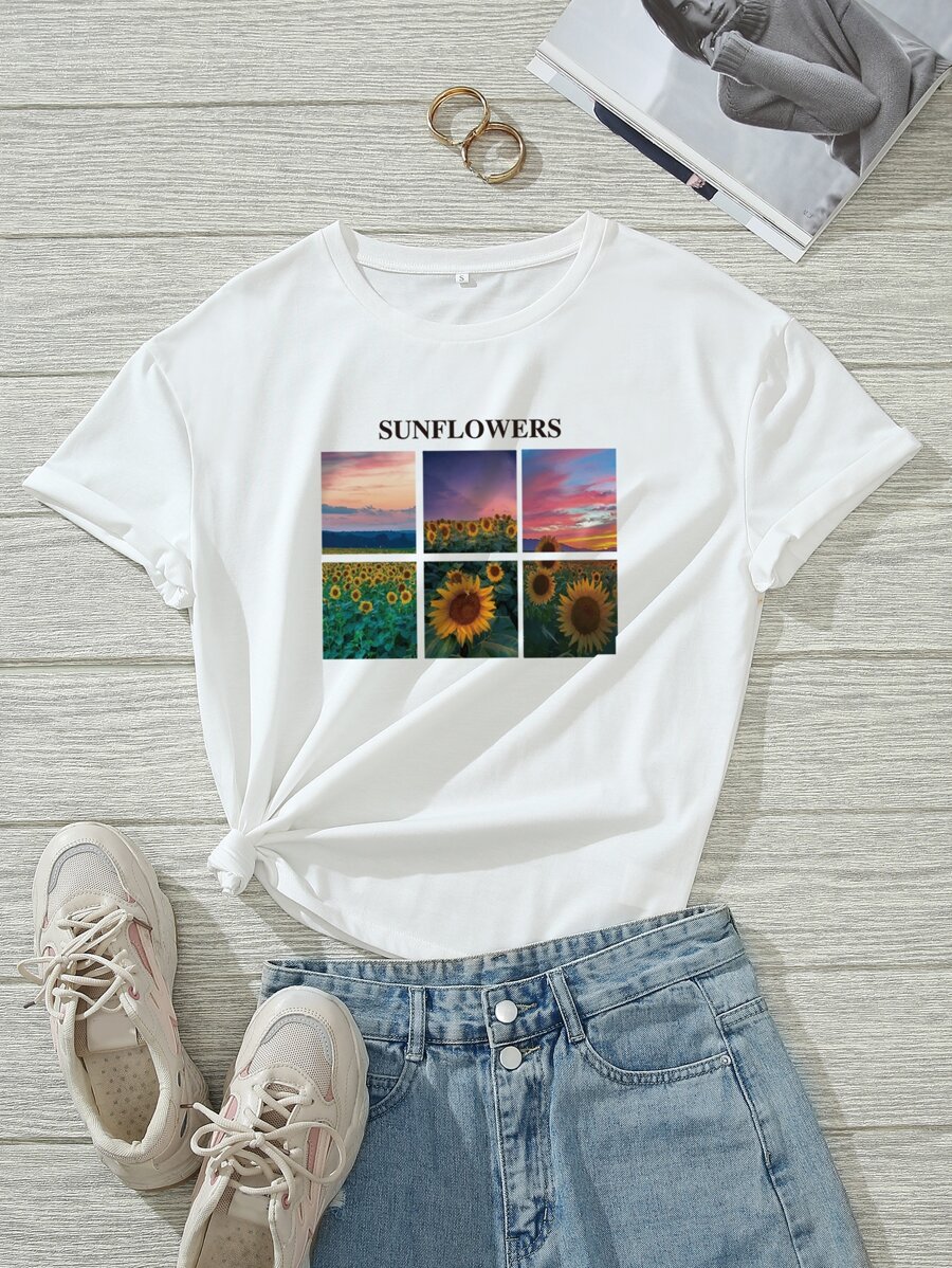 INAWLY Sunflower And Letter Graphic Tee - White - View 1