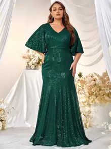 YISIKADO Plus Flounce Sleeve Sequin Formal Dress - Dark Green - View 1