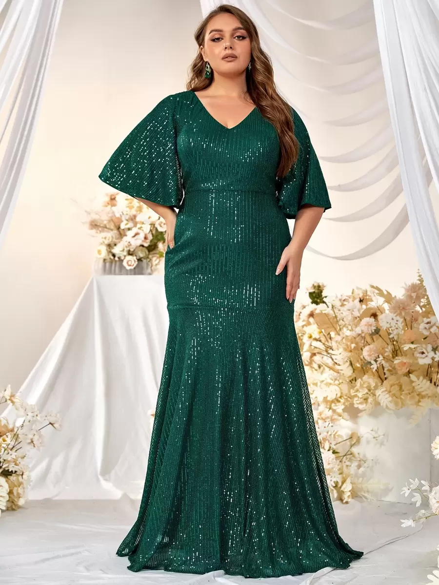 YISIKADO Plus Flounce Sleeve Sequin Formal Dress - Dark Green - View 1