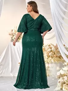 YISIKADO Plus Flounce Sleeve Sequin Formal Dress - Dark Green - View 2