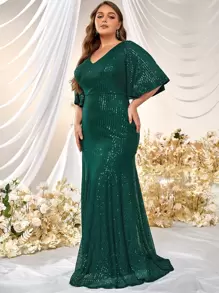 YISIKADO Plus Flounce Sleeve Sequin Formal Dress - Dark Green - View 5