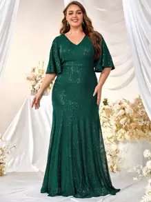 YISIKADO Plus Flounce Sleeve Sequin Formal Dress - Dark Green - View 6