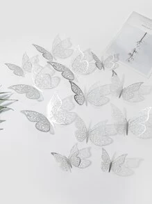 12pcs 3D Butterfly Sticker, Minimalist Paper Sliver Butterfly Shaped Wall Decal For Home Decor - Silver - View 1
