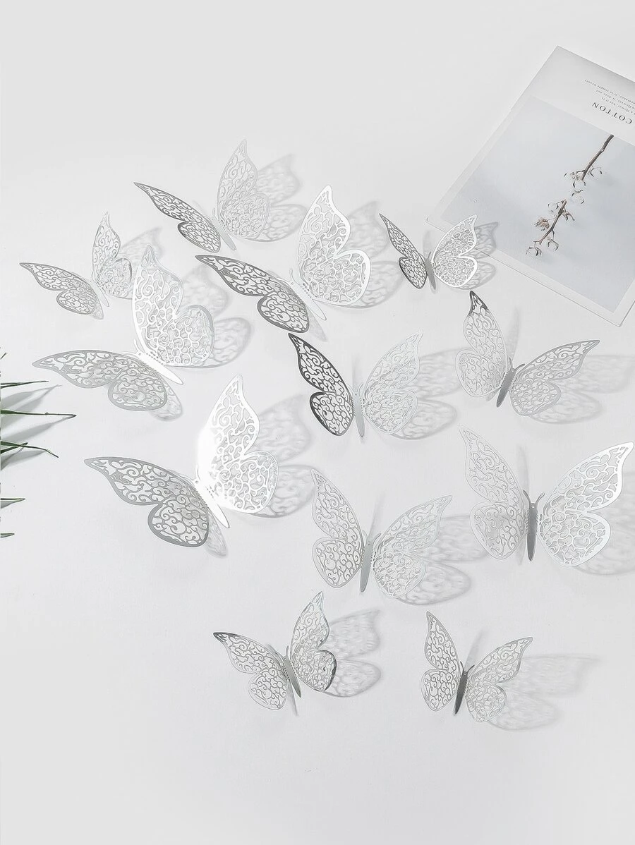 12pcs 3D Butterfly Sticker, Minimalist Paper Sliver Butterfly Shaped Wall Decal For Home Decor - Silver - View 1