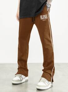 Manfinity Hypemode Men Letter Graphic Contrast Piping Trousers - Coffee Brown - View 1