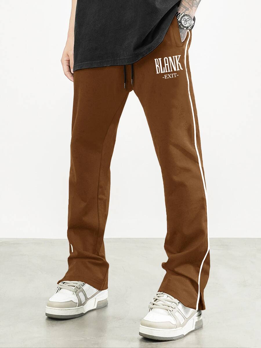 Manfinity Hypemode Men Letter Graphic Contrast Piping Trousers - Coffee Brown - View 1