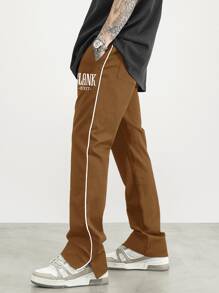 Manfinity Hypemode Men Letter Graphic Contrast Piping Trousers - Coffee Brown - View 2