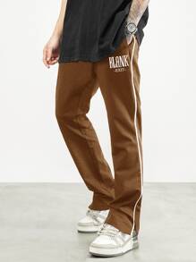 Manfinity Hypemode Men Letter Graphic Contrast Piping Trousers - Coffee Brown - View 3