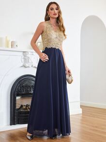 Contrast Mesh Appliques Chiffon Dress - Multicolor - View 1