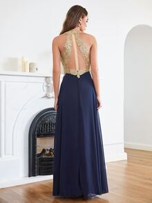 Contrast Mesh Appliques Chiffon Dress - Multicolor - View 2