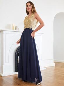 Contrast Mesh Appliques Chiffon Dress - Multicolor - View 3