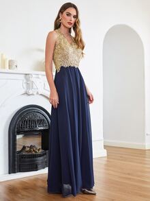 Contrast Mesh Appliques Chiffon Dress - Multicolor - View 6