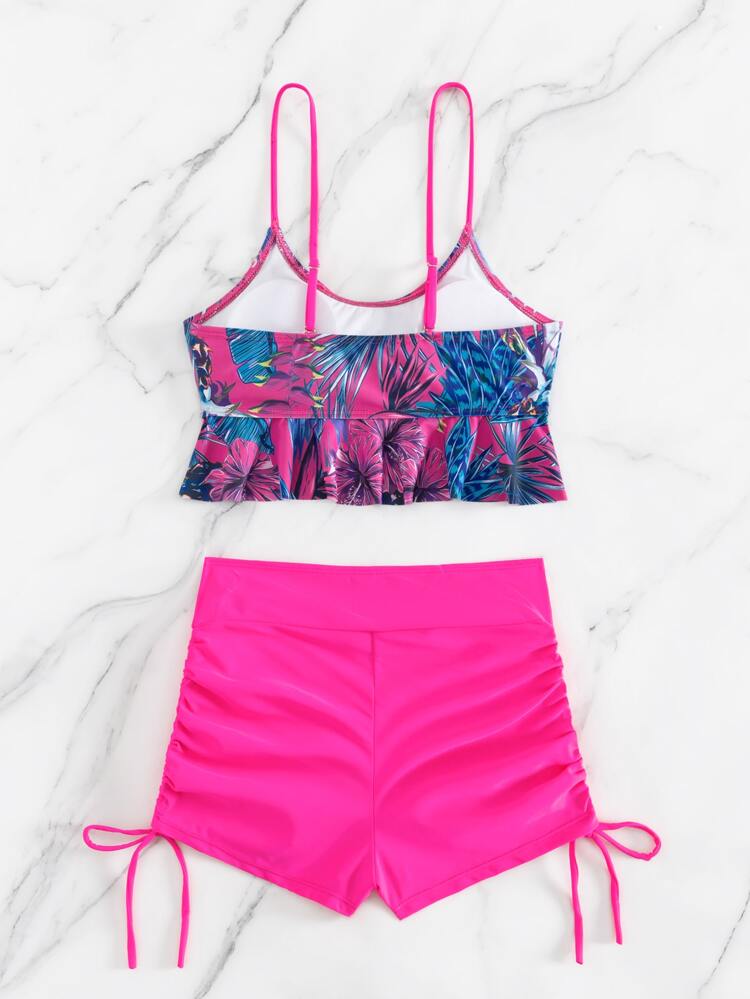 Summer Beach Tropical Print Ruffle Hem Drawstring Ruched Side Tankini Swimwear