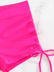 Swim Lushoire Summer Beach Tropical Print Ruffle Hem Drawstring Ruched Side Tankini Swimwear - Hot Pink - View 3