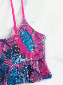Swim Lushoire Summer Beach Tropical Print Ruffle Hem Drawstring Ruched Side Tankini Swimwear - Hot Pink - View 5