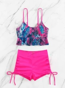 Swim Lushoire Summer Beach Tropical Print Ruffle Hem Drawstring Ruched Side Tankini Swimwear - Hot Pink - View 4