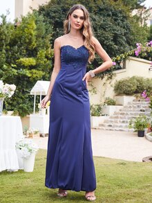 Contrast Lace Dress - Navy Blue - View 3