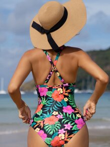 Tropical Print Crisscross Back One Piece Swimsuit - Multicolor - View 2