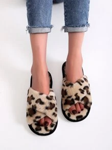 Fashion Slippers For Women, Leopard Pattern Cross Strap Fluffy Bedroom Slippers - Multicolor - View 1