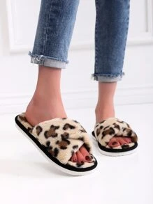 Fashion Slippers For Women, Leopard Pattern Cross Strap Fluffy Bedroom Slippers - Multicolor - View 3