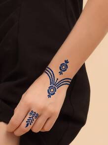 紋身模板套件，2張花朵圖案鏤空紋身模板適合女士和女孩，可重複使用手部指甲花模板，DIY紋身模板，面部彩繪人體藝術紋身貼紙 - 黑色 - 查看 2