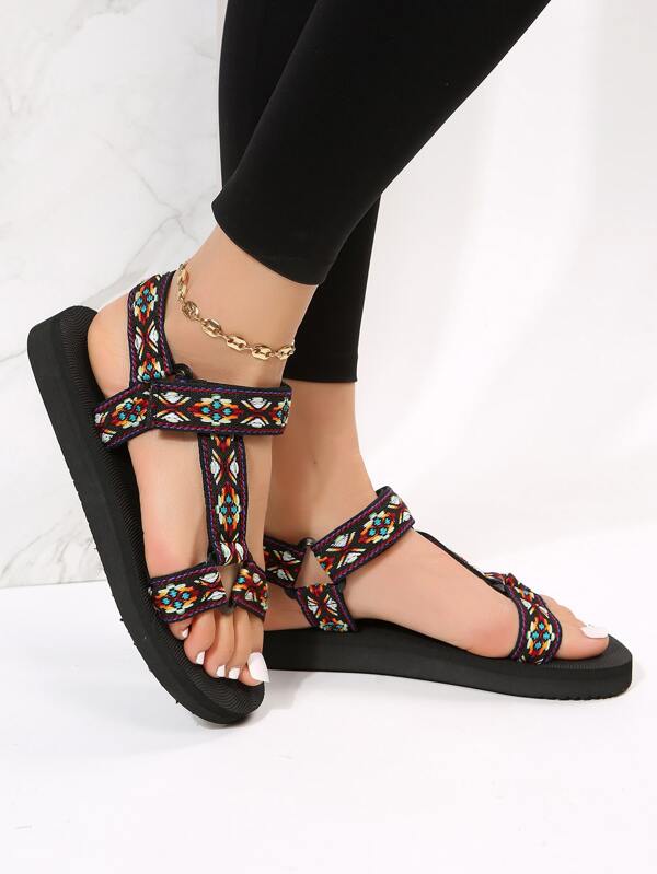 Women Geometric Pattern Hook-and-loop Fastener Sandals, Sporty Fabric Sport Sandals For Outdoor