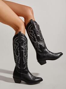 女式刺繡設計粗跟西部靴子度假戶外時尚靴子