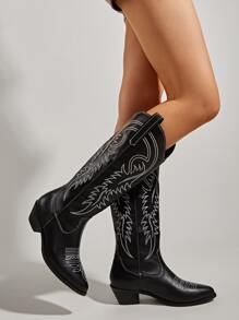 女式刺繡設計粗跟西部靴子度假戶外時尚靴子