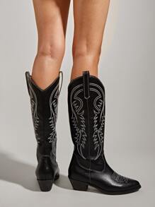 女式刺繡設計粗跟西部靴子度假戶外時尚靴子