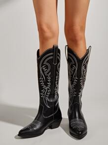 女式刺繡設計粗跟西部靴子度假戶外時尚靴子