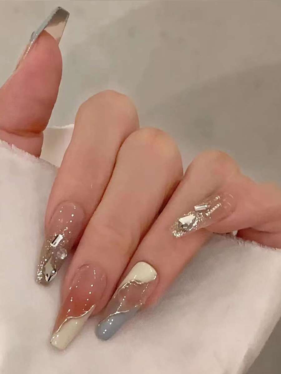 Instantly Upgrade Your Look with 24pcs Long Coffin 3D Rhinestone Decor French Gradient Fake Nail & 1sheet Tape & 1pc Nail File For women And Girls - Multicolor - View 1