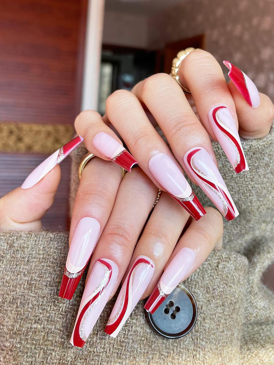 24pcs Long Coffin Striped Fake Nail & 1sheet Tape & 1pc Nail File - Multicolor - View 1