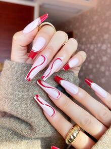 24pcs Long Coffin Striped Fake Nail & 1sheet Tape & 1pc Nail File - Multicolor - View 2