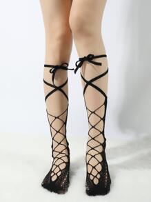Hollow Out Tie Leg Design Fishnet Socks - Black - View 1