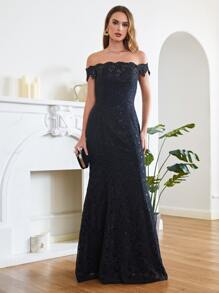 Vestido de vestir de hombros descubiertos bajo sirena con encaje - Negro - Ver 1