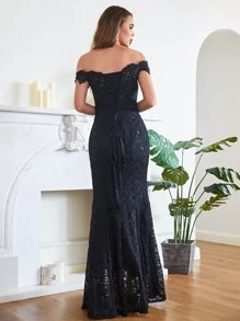 Vestido de vestir de hombros descubiertos bajo sirena con encaje - Negro - Ver 2