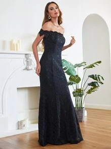 Vestido de vestir de hombros descubiertos bajo sirena con encaje - Negro - Ver 4