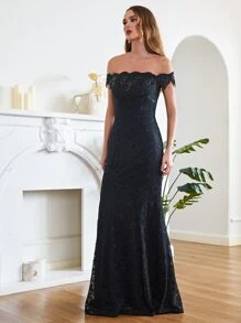Vestido de vestir de hombros descubiertos bajo sirena con encaje - Negro - Ver 5