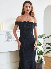 Vestido de vestir de hombros descubiertos bajo sirena con encaje - Negro - Ver 6
